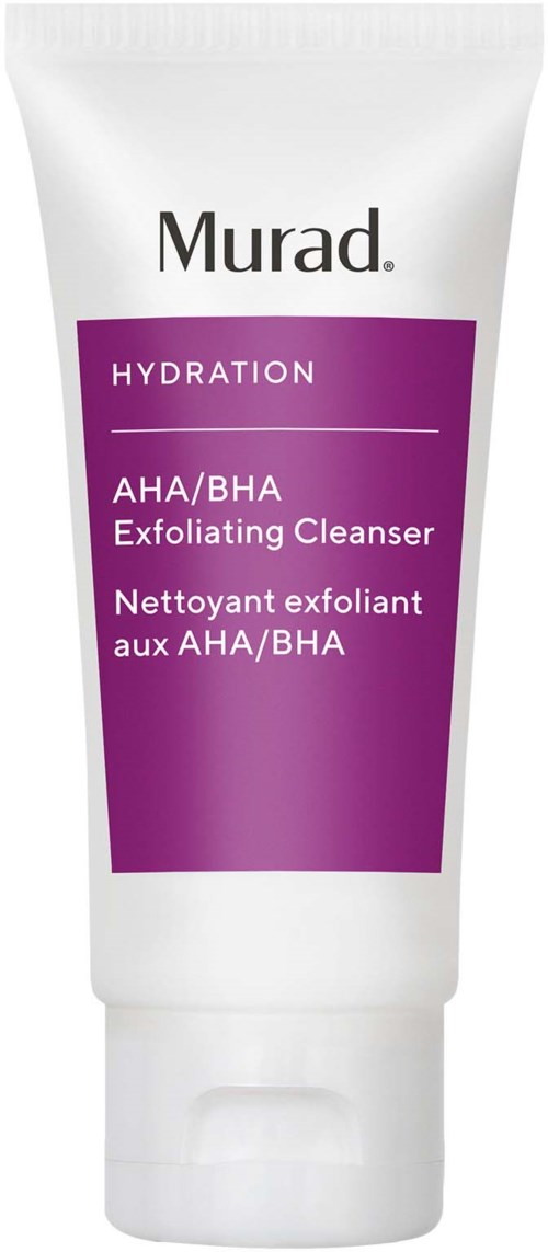 Een witte tube met paarse label, zegt Murad, Hydration, AHA/BHA Exfoliating Cleanser, voor huidverzorging.
