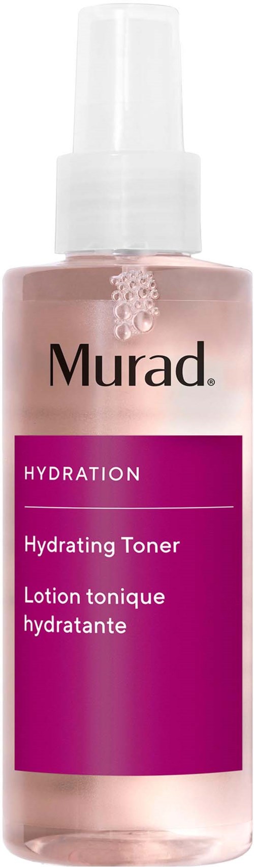 Eine klare Flasche mit rosa Flüssigkeit, beschriftet Murad Hydration Hydrating Toner, mit Sprühverschluss.