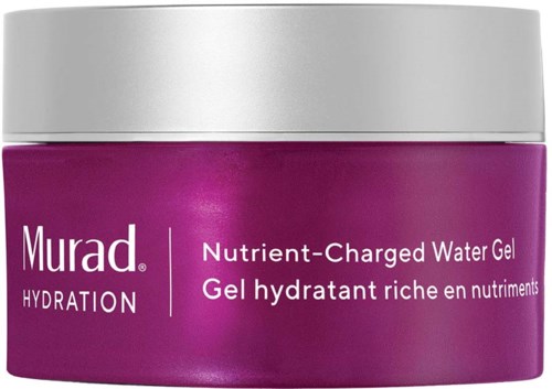 Een pot met paarse kleur en witte deksel, geëtiketteerd Murad Hydration Nutrient-Charged Water Gel.