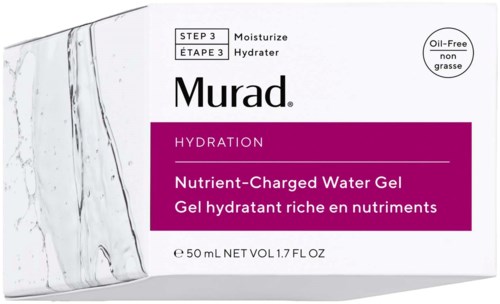 Een doosje van Murad hydratatie watergel voor de huid, gelabeld als olie vrij en voedzaam, met paarse en witte verpakking.