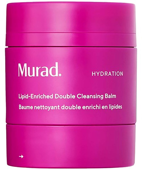 Roze container met witte tekst, gemarkeerd Murad Hydration, voor reinigingsbalsem.