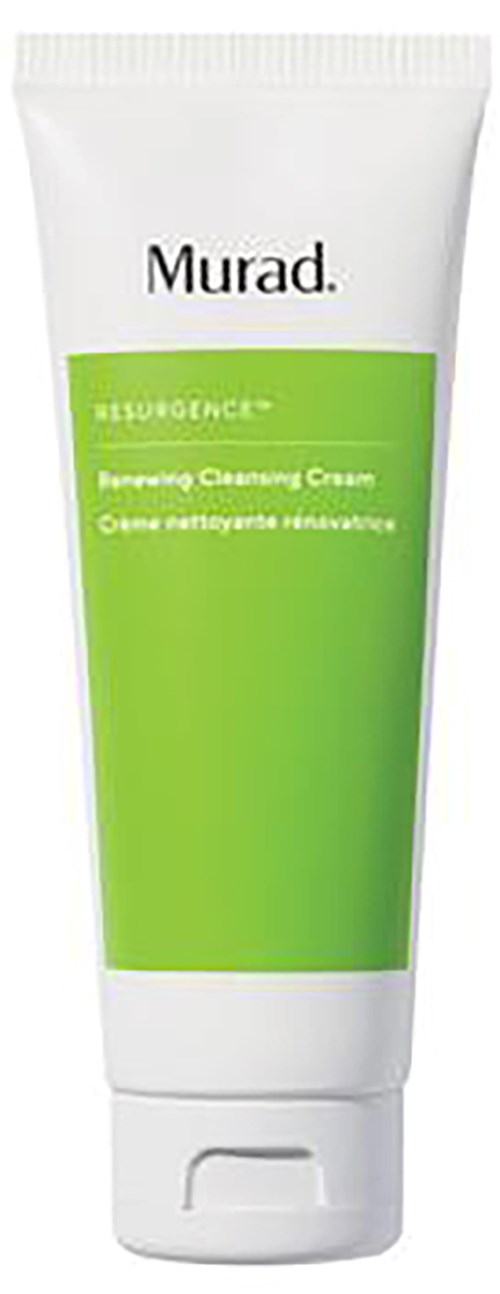 Een witte tube met een groen label. Het is een flesje met Murad Resurgence exfoliërende reinigingscrème.