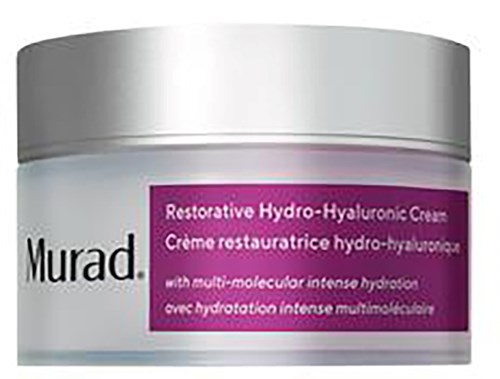 Een pot Murad Restorative Hydro-Hyaluronic Cream met zilverkleurige deksel en paarse label.