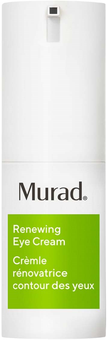 A white bottle with a label saying 'Murad' and 'Renewing Eye Cream' in green. It is a skincare product.