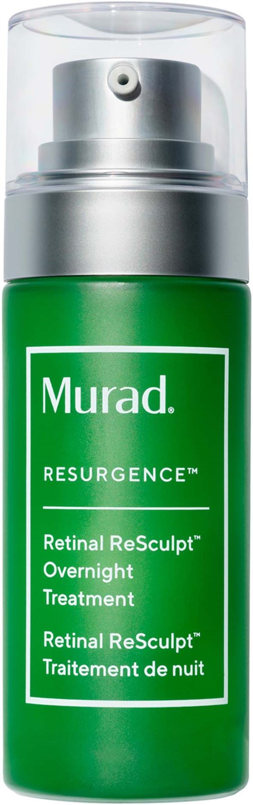 Grüne Flasche mit silberner Kappe, beschriftet Murad Resurgence, für nächtliche Hautbehandlung. Enthält Retinal ReSculpt und Retinal ReSculpt+.