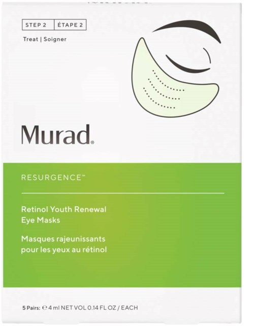 A face with closed eyes wearing a sheet mask, with green and white packaging from Murad skincare.
