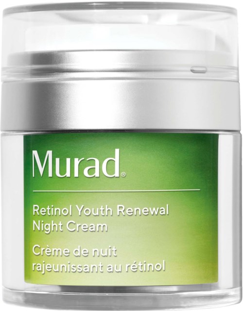 Een potje met Murad Retinol Youth Renewal Night Cream met groen label en zilverkleurige deksel.
