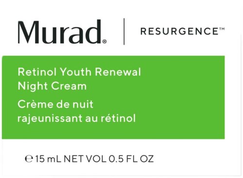 Een doos van Murad Retinol Youth Renewal Night Cream met groen etiket, witte achtergrond en zwarte en groene tekst.