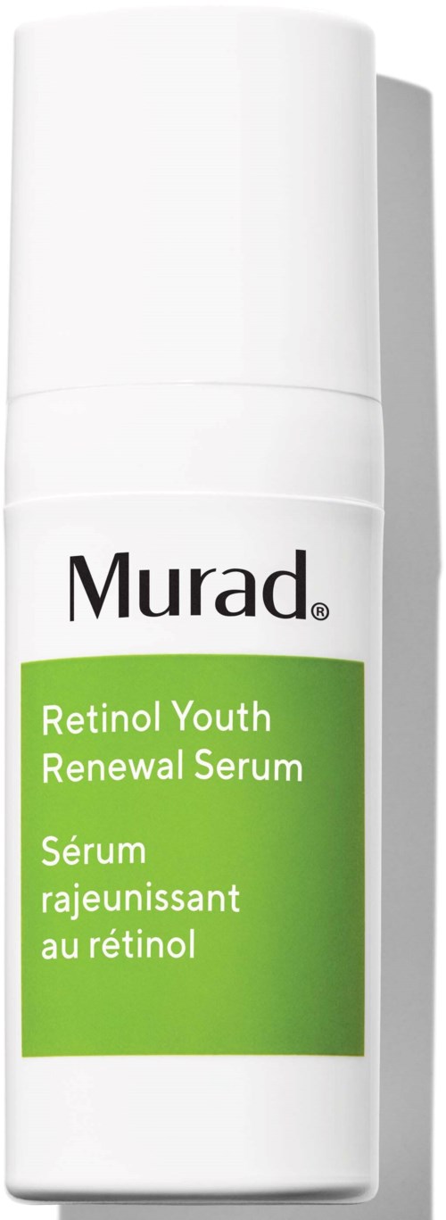 Een witte fles met een groen etiket die Murad Retinol Youth Renewal Serum promoot.
