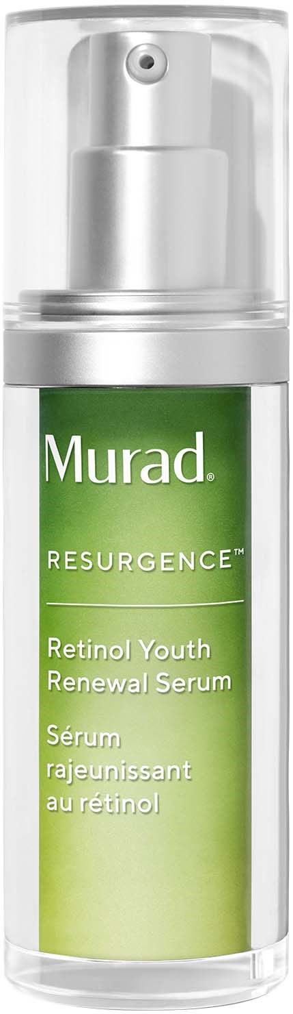 Een groene en zilveren fles met Murad Retinol Youth Renewal Serum met pomp.