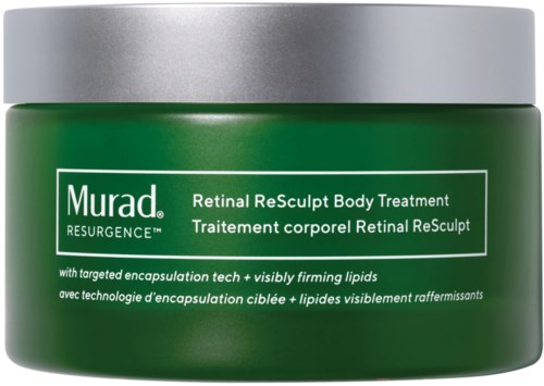 Grönt glas med silverlock, märkt Murad Retinal ReSculpt Body Treatment, med text på produkten och beskrivning.