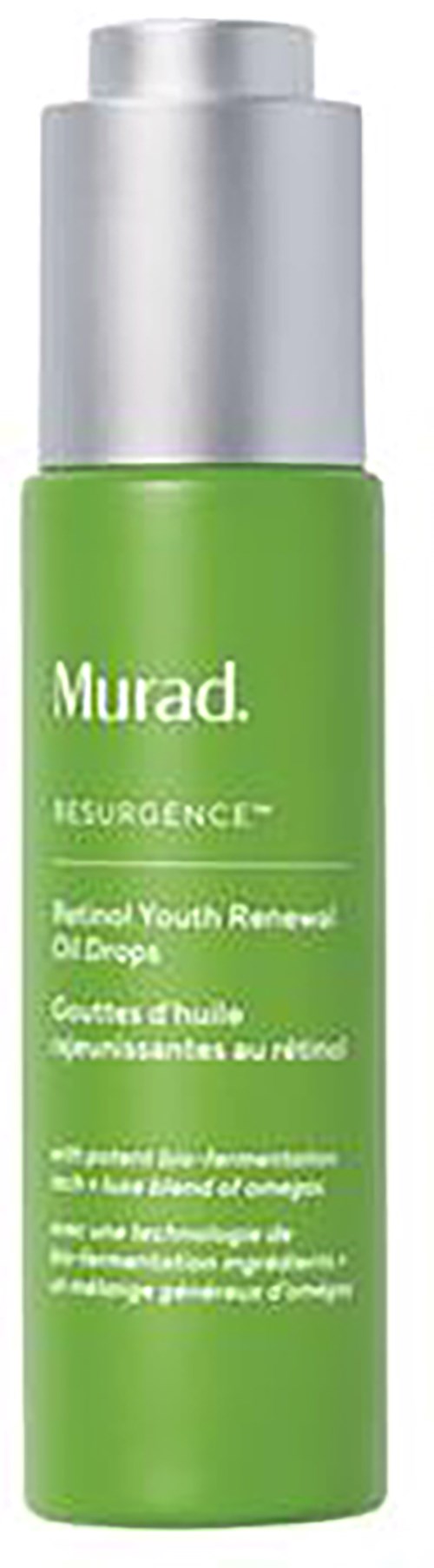 Een groene fles Murad Retinal Youth Renewal Oil Drops met zilveren dop.