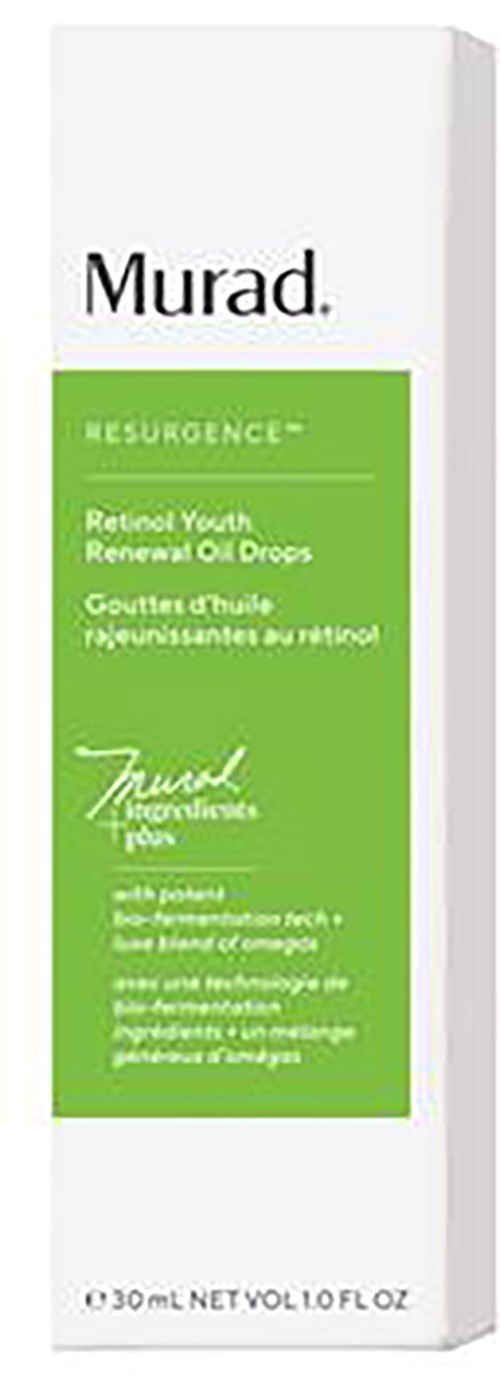 Productverpakking met groen label, merknaam Murad, en tekst over Retinoid Youth Renewal Oil Drops.