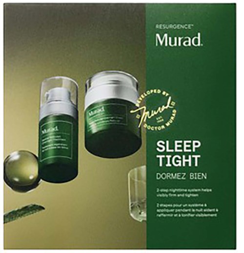 Murad Resurgence Sleep Tight product packaging with jars and bottles on a green background.