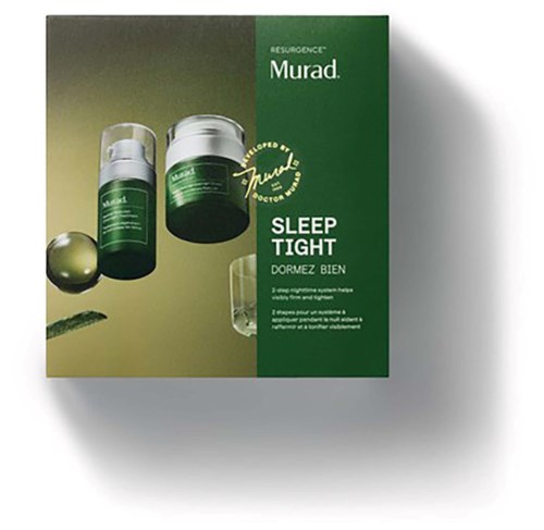 Box with green packaging for a sleep support product from Murad, labeled Sleep Tight, with product bottles and jars.