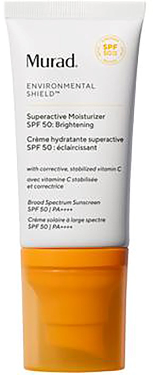 Tube van Murad Environmental Shield zonnebrandcrème met SPF 50, wit met oranje dop. Bevat hydraterende crème en vitamine C.
