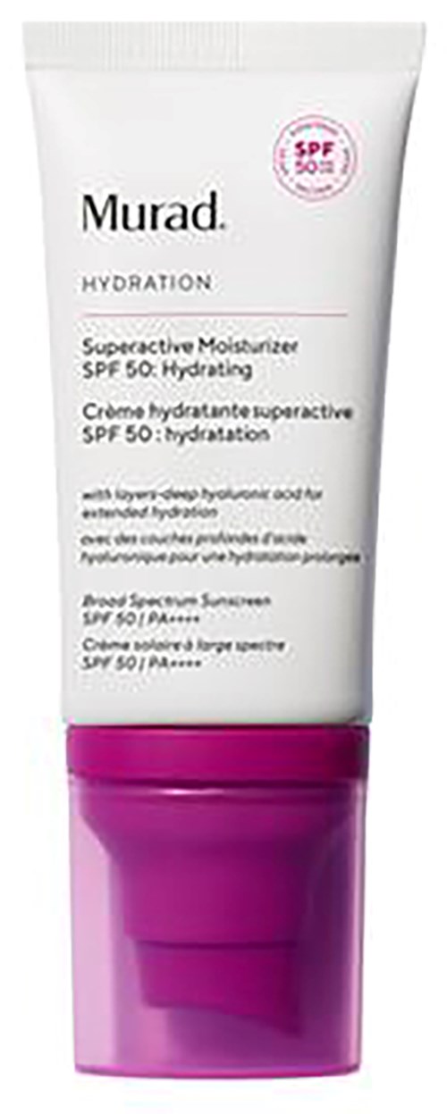 Een witte tube met een roze deksel, gemarkeerd 'Murad Hydration SPF 50', in close-up. Het is een hydraterende crème.