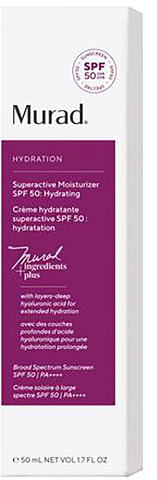 Een witte doos met paarse label toont Murad Superactive Moisturizer met SPF 50 voor hydratatie.