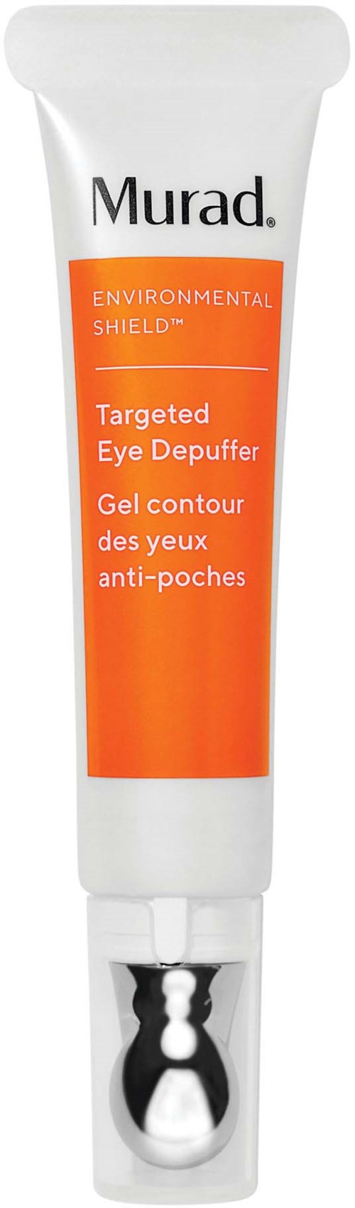 Een tube Murad oogdepuffeercreme met oranje en witte design. Gericht op wallen onder de ogen.
