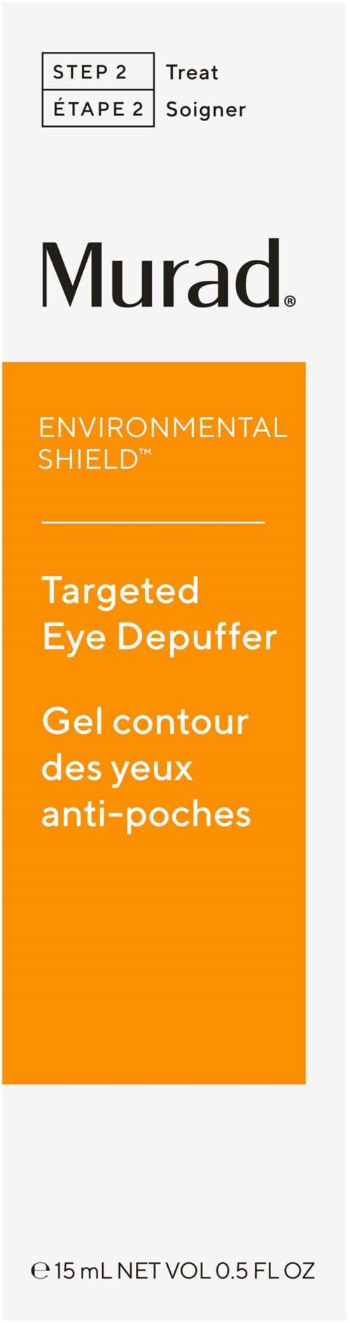Een doos met een huidverzorgingsproduct van Murad, gericht op zwellingen onder de ogen, met oranje en wit ontwerp en tekst.