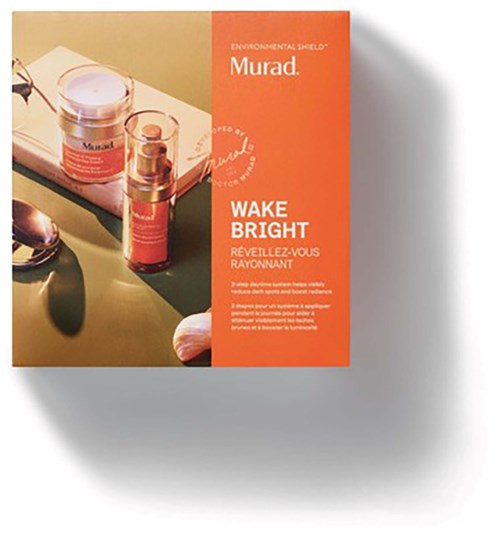Murad Wake Bright skincare set with jar and pump bottle on a tray, orange background, text highlights product name.