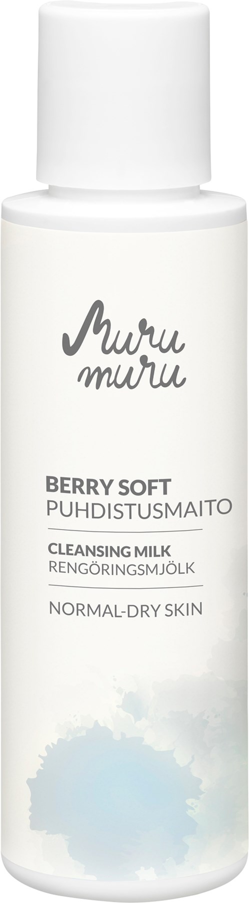 Cleansing milk bottle for normal to dry skin with berry soft scent. Simple white bottle with gray and blue text and design.