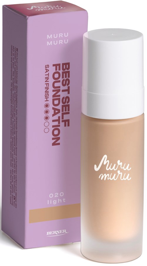 A foundation bottle with a purple box, labeled "Muru Muru" and "Best Self Foundation" in pink and white.