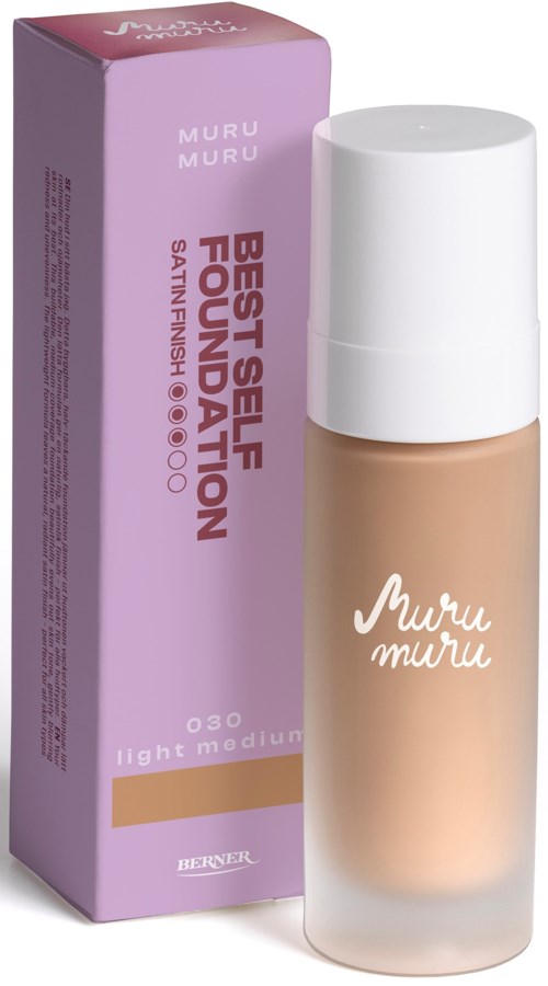 A foundation bottle labeled 'Muru Muru' with light beige color and a white cap, and a pink box with product information.