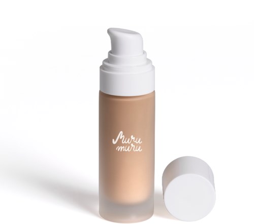 A beige foundation bottle with a white pump and cap, labeled 'Muru Muru', on a white background.