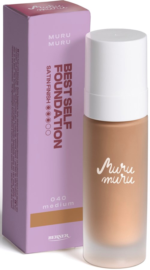 A foundation bottle and box, label says 'Best Self Foundation, Satin Finish, Medium.'