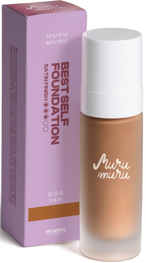 A foundation bottle and box with pink and purple colors, labeled for self-founding, satin finish, and tan shade.