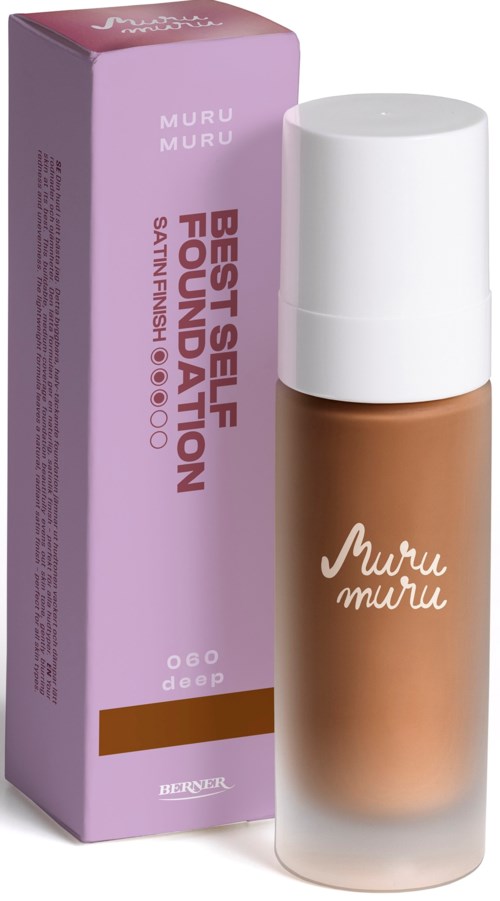 A cosmetic bottle and box with pink and purple colors, labeled for foundation and skin-finish, called 'Muru Muru' and 'BEAUTY'.