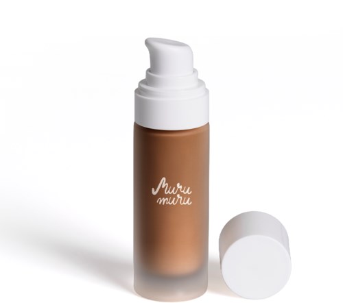 A makeup product with a beige liquid inside, white cap, and a label that says "Muru Muru".