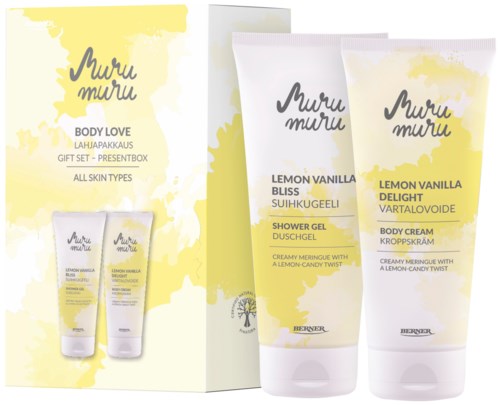 Set of lemon vanilla scented body care products, including shower gel and body cream, with yellow and white packaging.