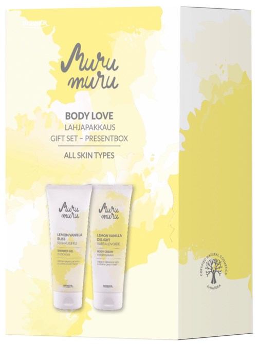 A gift set box with two body lotion bottles and yellow splash design, labeled for all skin types.