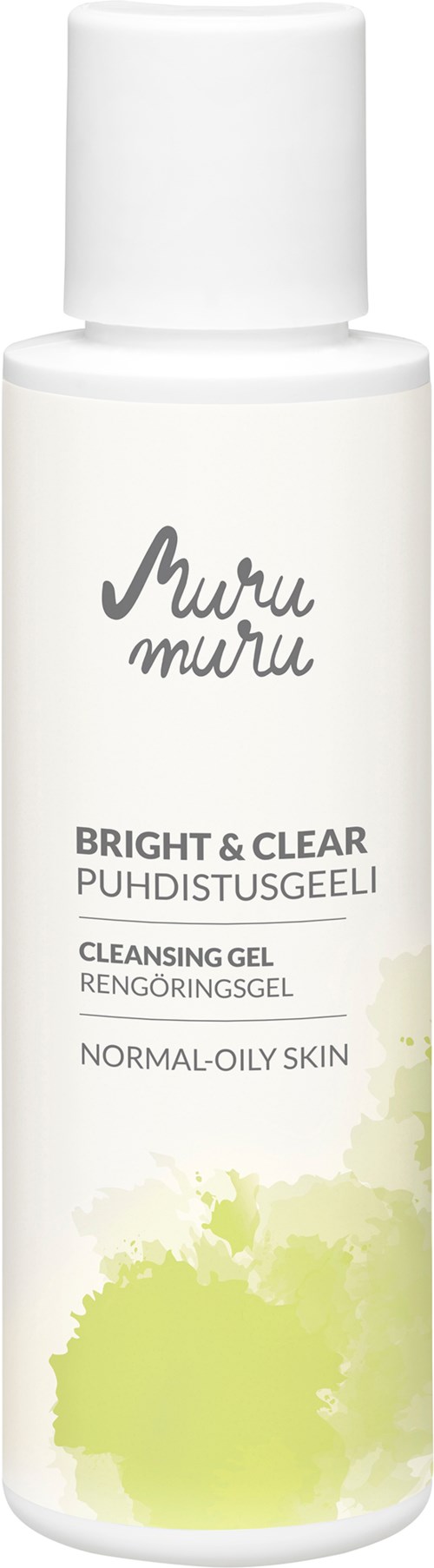 Een witte fles met een label die "Muru Muru Bright & Clear" zegt en een groene vlek onderaan.