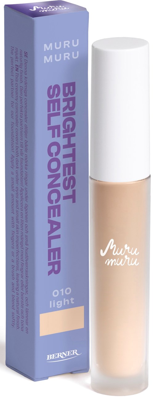 A bottle of concealer beside its purple box, labeled as lightweight, from Muru Muru by Berner.