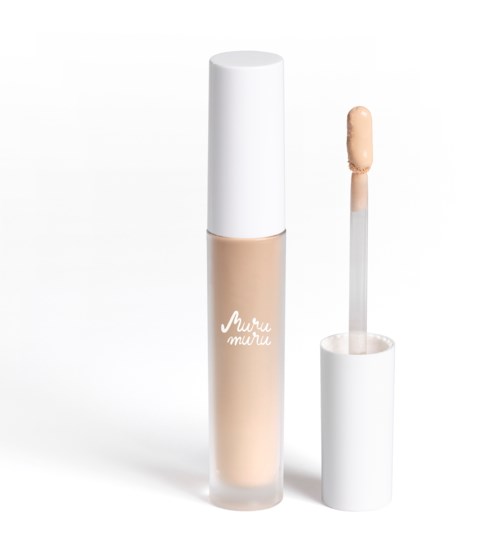 A beige liquid concealer or foundation in a clear tube with a white cap and an applicator wand.