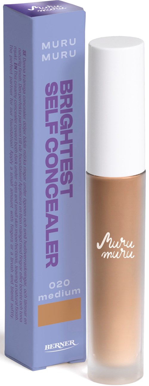 A bottle of foundation with a purple box, labeled "Brighteast Self Concealer," medium shade, from Murumuru.