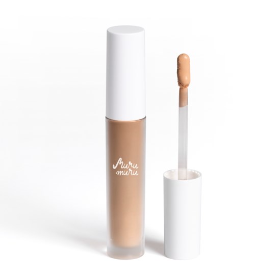 A beige liquid concealer or foundation bottle with a white cap, and an applicator stick with a small amount of product.
