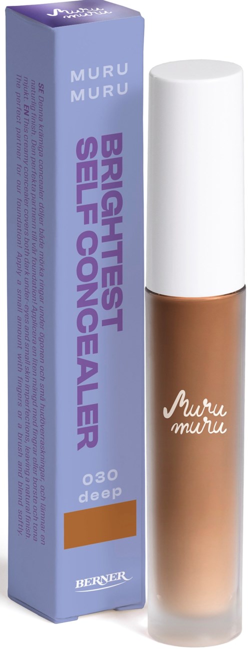 A bottle of self-concealing beige liquid with a white cap, next to a purple box labeled 'Brightest Self-Concealer'.