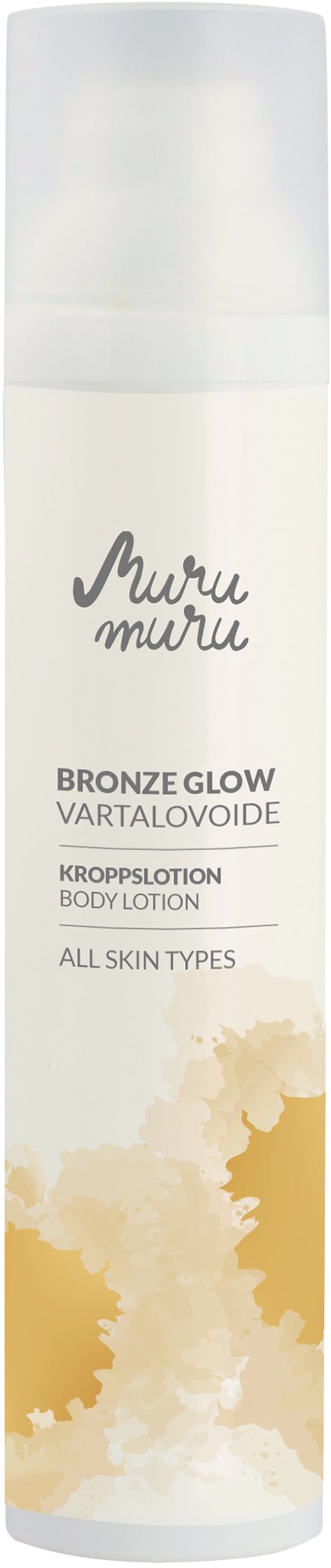 A white body lotion bottle with gold and beige abstract design, labeled 'Muru Muru Bronze Glow,' suitable for all skin types.