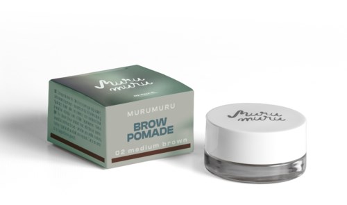 A small jar of eyebrow pomade and its box, labeled 'Murumuru Brow Pomade, O2 Medium Brown'.