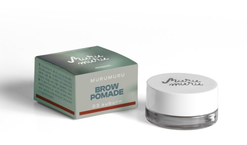A small jar and box for brow pomade, labeled "Murumuru" and "03 auburn," with simple design and text.