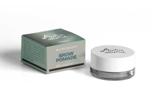 A small jar and box of brow pomade from Murumuru, with a black stripe on box and clear jar.
