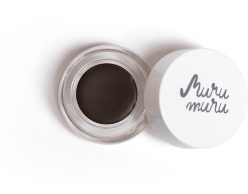 Small jar with dark cream and white lid with black and gray text. The text says "Muru muru".