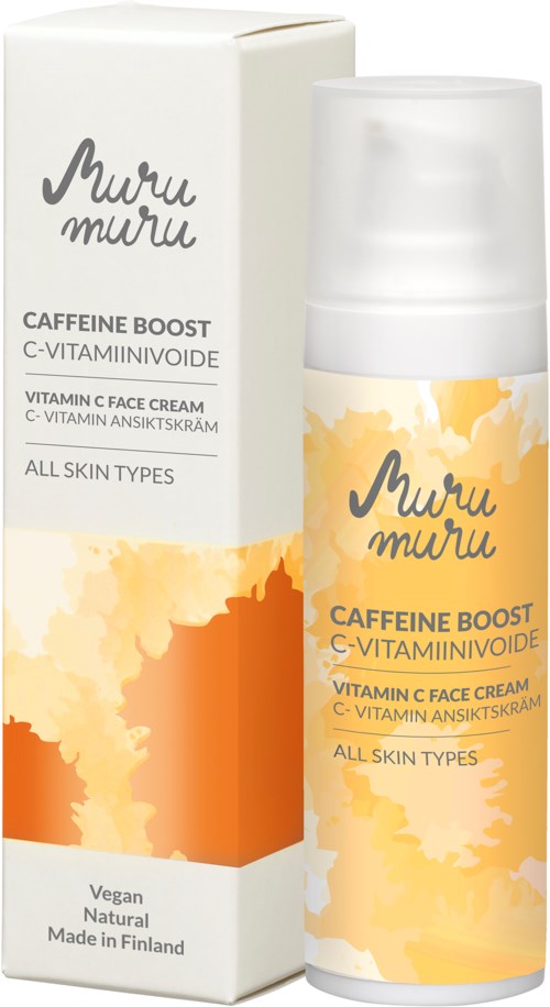 Een fles en doos van Muru Muru Caffeine Boost gezichtscrème, geschikt voor alle huidtypes, veganistisch, gemaakt in Finland.