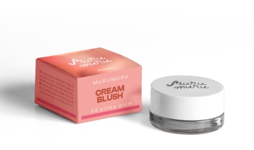 Kleine rosa Verpackung und klare Dose mit weißem Deckel für Make-up-Rouge, genannt Murumuru Cream Blush, Playful Glow.