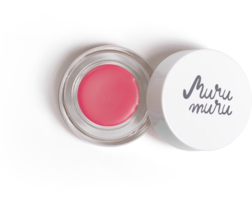 Kleiner runder Behälter mit rosa Creme, Deckel trägt die Aufschrift 'Muru Muru'.