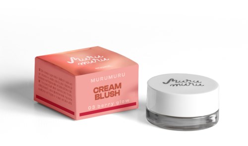 Eine pinke Box und ein kleiner Crem blush-Tiegel, beschriftet 'Murumuru' und '03 Berry Glow'.